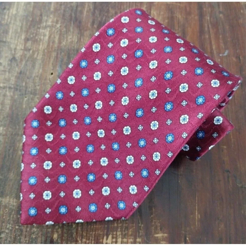 100% Silk Tie Necktie Mini Floral Vintage Hathaway Men's Red Blue White